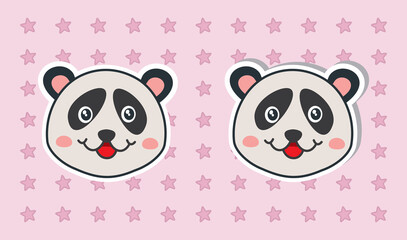 Stickers with shadow of a cute young panda with a smile on a light pink background with little stars