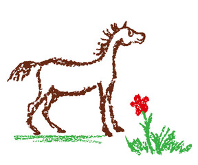 Comic funny horse. Hand drawn crayon or pencil cartoon doodle happy character. Artistic stroke kid style. Smiling friendly pet with grass flower. Vector simple equestrian art