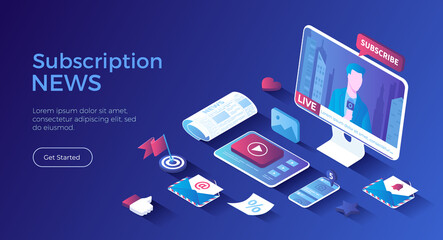 Online news and media news sources, Breaking news, Newsletter subscription, update. Website with broadcaster on the monitor. Isometric landing page. Vector web banner.