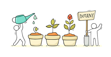 sketch little people growing plant.