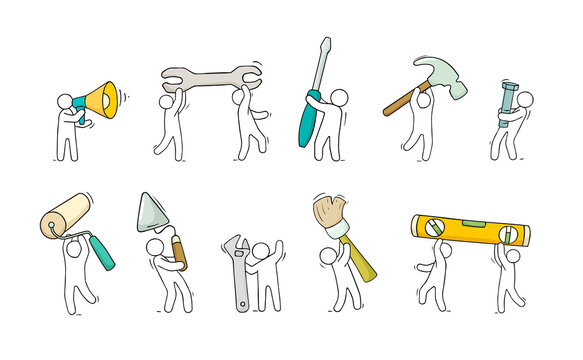 Doodle cartoon little men and tools.