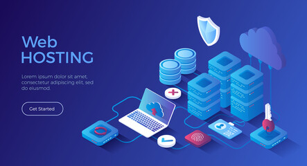 Web hosting, Сloud computing storage, Database, Network connection. Hosting servers, computer, cloud. Isometric landing page. Vector web banner.