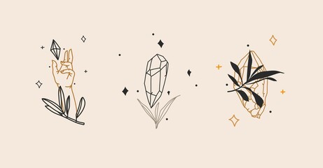 Hand drawn vector abstract stock flat graphic illustrations collection set with logo elements,bohemian magic art sign of crystal gem stone in human hand and stars in simple style for branding.