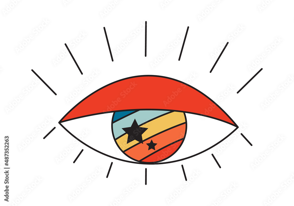 Poster vector 70s psychedelic eye with abstract rainbow reflection. retro groovy element for design and pri