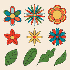 Vector set of 70s psychedelic flowers and leaves. Retro groovy floral elements for design and print. Cartoon hippy stickers. Vintage illustrations