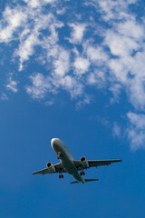Fototapeta na wymiar Airplane in the sky. Background with copy space.