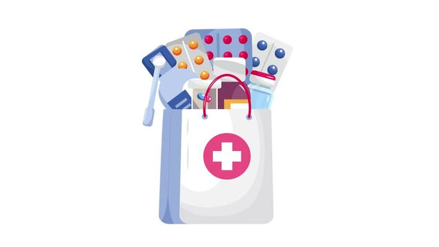 Pharmacy online shop video, animation in cartoon style for Ui, web, homepage. Hand of pharmacist give bag with medications, pills. Bottle, spray, medical bag are shown.