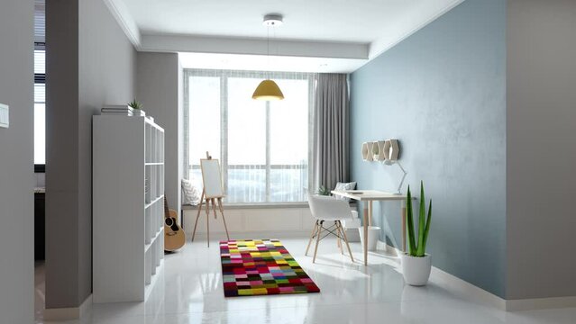 Teenage Room With Wooden Table, Bookshelf, Guitar And Easel