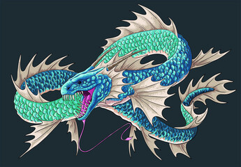 Drawing Deep dragon, moster characters, under sea, long body, art.illustration, vector