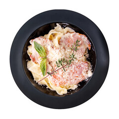 pasta with ham and parmesan on a black plate on a white background for the website