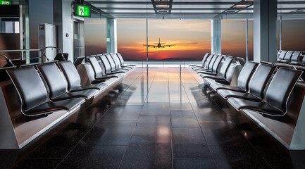 Airplane vacation concept: Empty waiting area with seats in the airport terminal. Airplane behind the window.