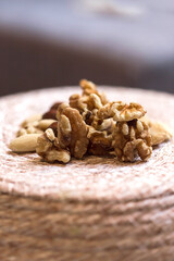 Pile of walnuts in the basket. Healthy snack