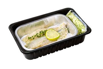 sea bass filet ready cook in a tray with sauce
