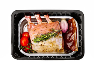 mini smoked sausages in plastic tray isolated on white