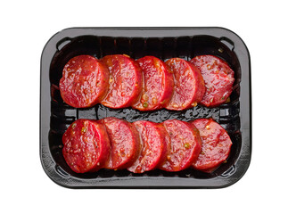 raw mini hamburgers in plastic tay isolated