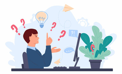 Guy is sitting in front of a computer, he has a question. Man has an idea to solve the problem. Concept of creative thinking. Vector illustration in flat style
