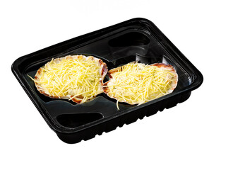 scallop in black plastic tray isolated on white with clipping path