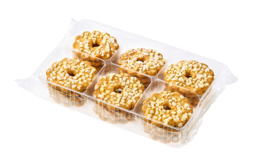 Chistmas wreath cookies in a plastic tray