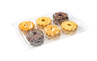 Chistmas wreath cookies in a plastic tray