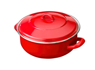 red cast iron enamel frying pan. Dutch oven, isolated on white