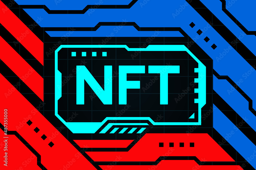Poster nft on abstract futuristic hud technology background design for digital business.