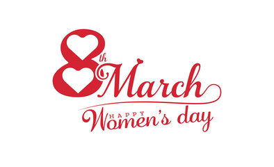 8th march international women's day typography vector illustration.  Red heart concept label with women's day text to use in love greetings, 8th march sale sign. 