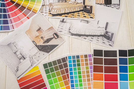 Architectural color floor plan with color swatches on desk