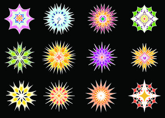 Fototapeta na wymiar Abstract floral design elements. flowers in pastel colors. Set of cute colored icons with 16 elements on a black background. Illustration in the style of the 70s in a flat style
