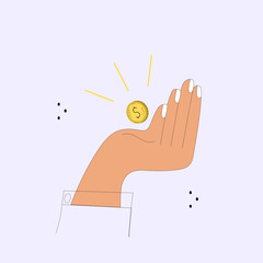 A hand with fingers and a palm into which a gold coin falls. The concept of a successful business, full of prosperity in life.  Place for text