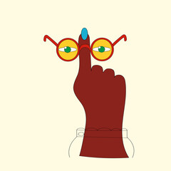 A woman's hand is holding sunglasses on her finger. Funny summer sticker, print, postcard.