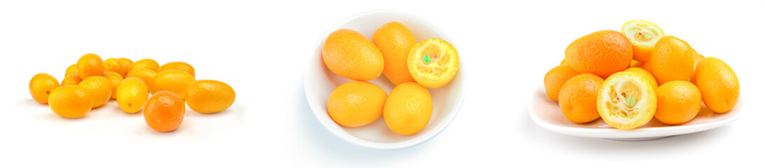 Collection of kumquats close-up isolated on white background