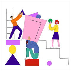 Teambuilding employees, business partners, colleagues hold geometric shapes. The concept of teamwork.