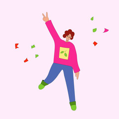 A girl with her hand raised shows a victorious gesture with her fingers. Funny bright vector illustration for printing, poster, stickers.