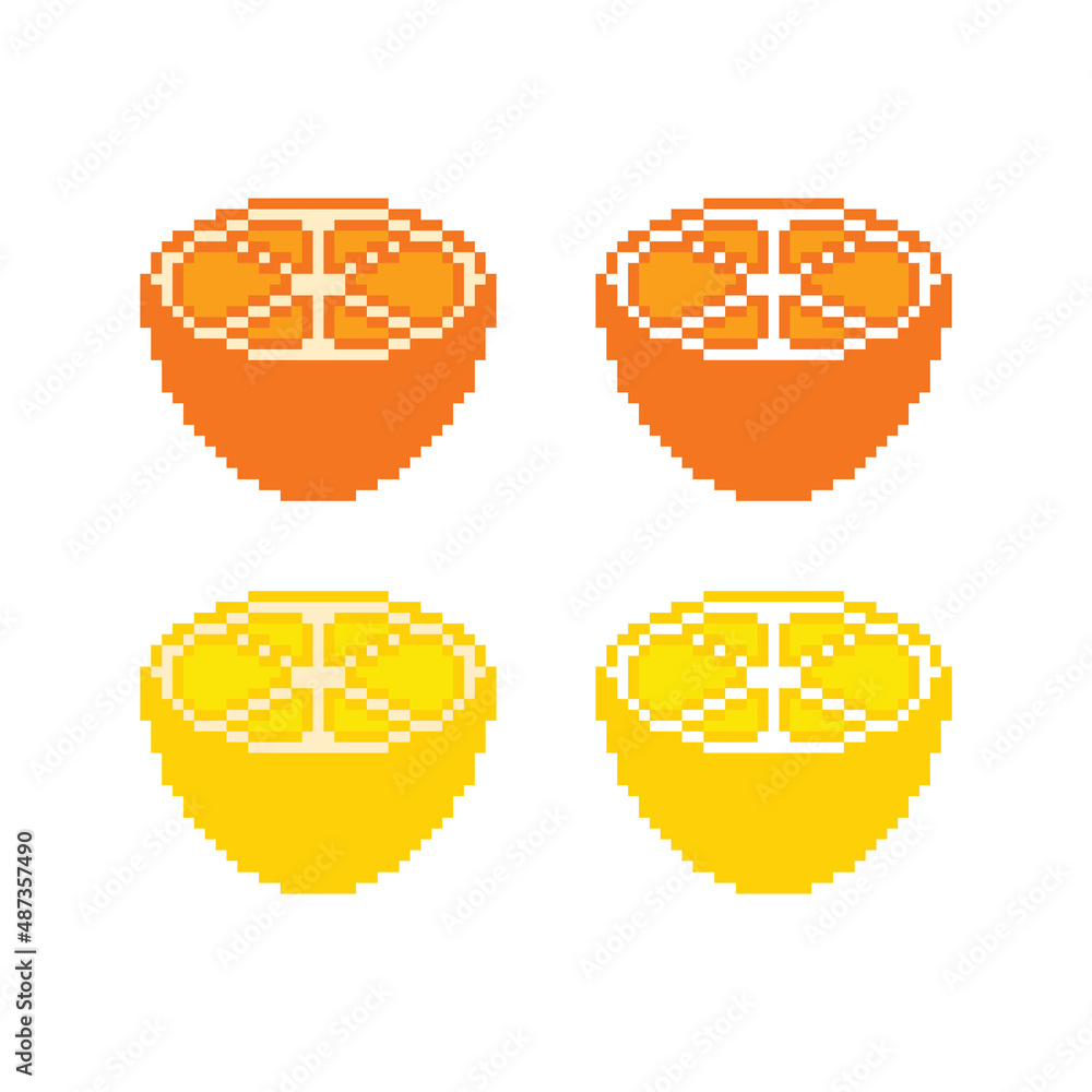 Poster pixel lemon and orange icon vector set pixel art citrus fruits for 8 bit game