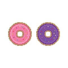 pixel  donut icon.  Donuts with chocolate and pink topping pixel art for 8 bit games 