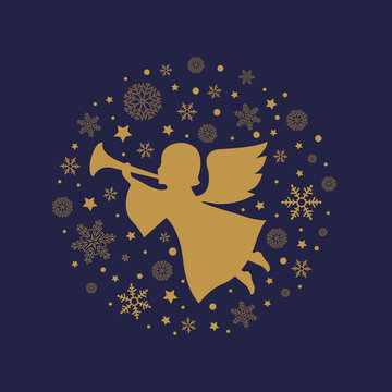 Christmas Postcard With Angel And Snowflake , Vector Illustration