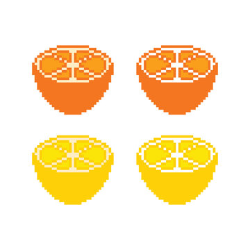 pixel lemon and orange icon vector set pixel art citrus fruits for 8 bit game