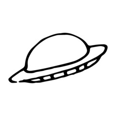 UFO flying saucer icon. the alien ship is hand-drawn in the style of doodles, black outline on white linear vector isolated element for the cosmos series design template