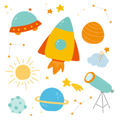 Hand drawn illustration of universe elements.