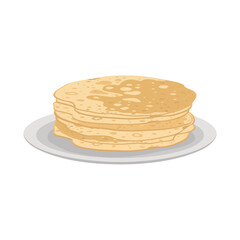 Thin pancakes on plate. Festive dish for Maslenitsa, carnival and Shrovetide. Delicious pastries. Vector flat food illustration