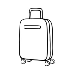 Doodle vector illustration of the travel bag with the tag. Journey. Rest, vacation