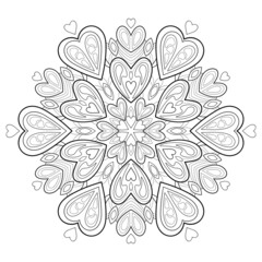 Doodle mandala with hearts and simple patterns on a white isolated background. For coloring book pages.