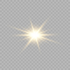 Yellow glowing light burst explosion with transparent. Vector illustration for cool effect decoration with ray sparkles. Bright star. Transparent shine gradient glitter, bright flare. Glare texture.