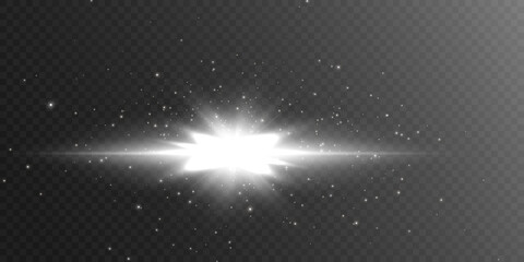 White beautiful light explodes with a transparent explosion. Vector, bright illustration for perfect effect with sparkles. Bright Star. Transparent shine of the gloss gradient, bright flash.