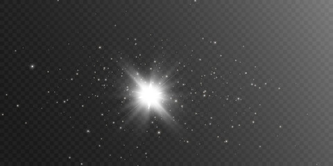White beautiful light explodes with a transparent explosion. Vector, bright illustration for perfect effect with sparkles. Bright Star. Transparent shine of the gloss gradient, bright flash.