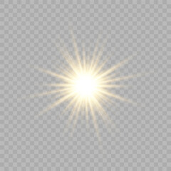 Yellow glowing light burst explosion with transparent. Vector illustration for cool effect decoration with ray sparkles. Bright star. Transparent shine gradient glitter, bright flare. Glare texture.