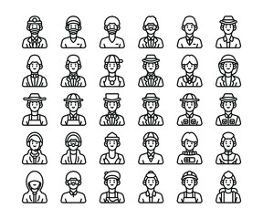 Simple set of 30 Male Occupation Avatar icons in detailed outline style