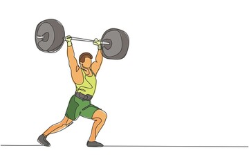 Fototapeta na wymiar One continuous line drawing of young bodybuilder man doing exercise with a heavy weight bar in gym. Powerlifter train weightlifting concept. Dynamic single line draw design graphic vector illustration