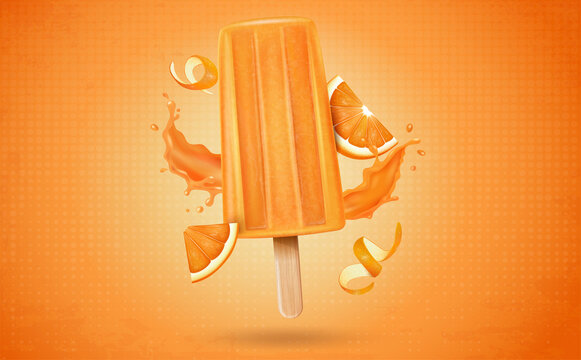 Orange Popsicle Stick Ice Cream With Orange Fruit Pieces And Juice Splash Vector Illustration