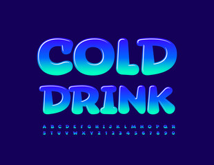 Vector advertising banner Cold Drink. Blue creative Font. Glossy Alphabet Letters and Numbers set